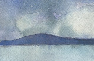 Plein Air Gouache Painting by Antrese Wood: Morning Fog Over Lago Nahuel Huapi, Bariloche