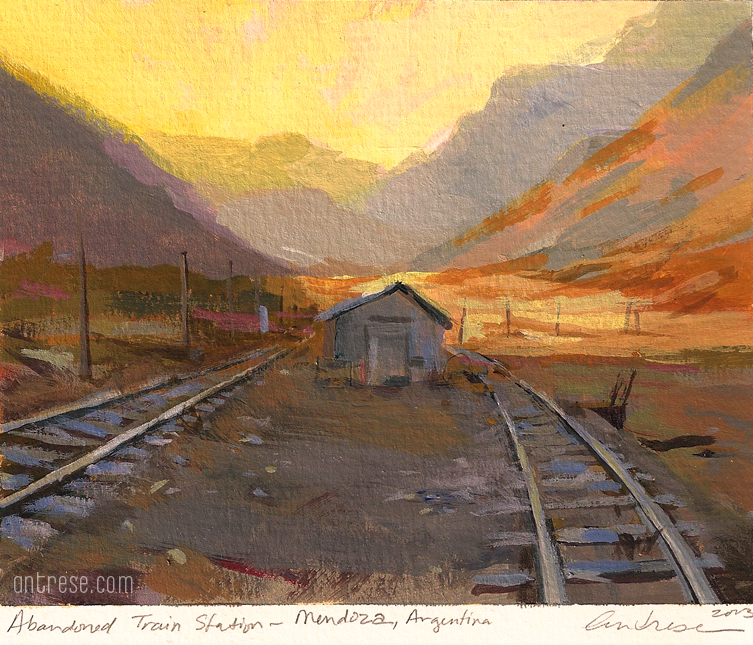 Landscape Painting by Antrese Wood: Estación de tren abandonada (Abandoned Train Station)